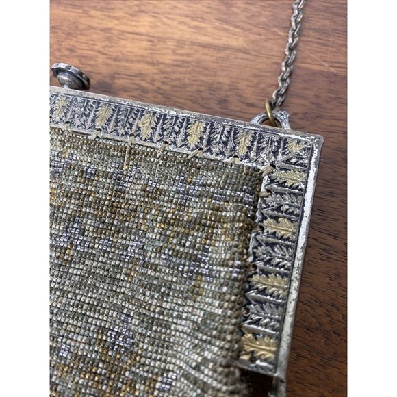 Vintage Bead Bag Carved Metal Frame Purse Silver Fringe Art Deco Handbag Antique - Picture 4 of 10